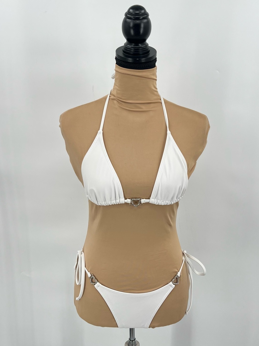 White Rhinestone Heart Bikini triangle Tie Side Swim S Mcbling Y2K Barbiecore